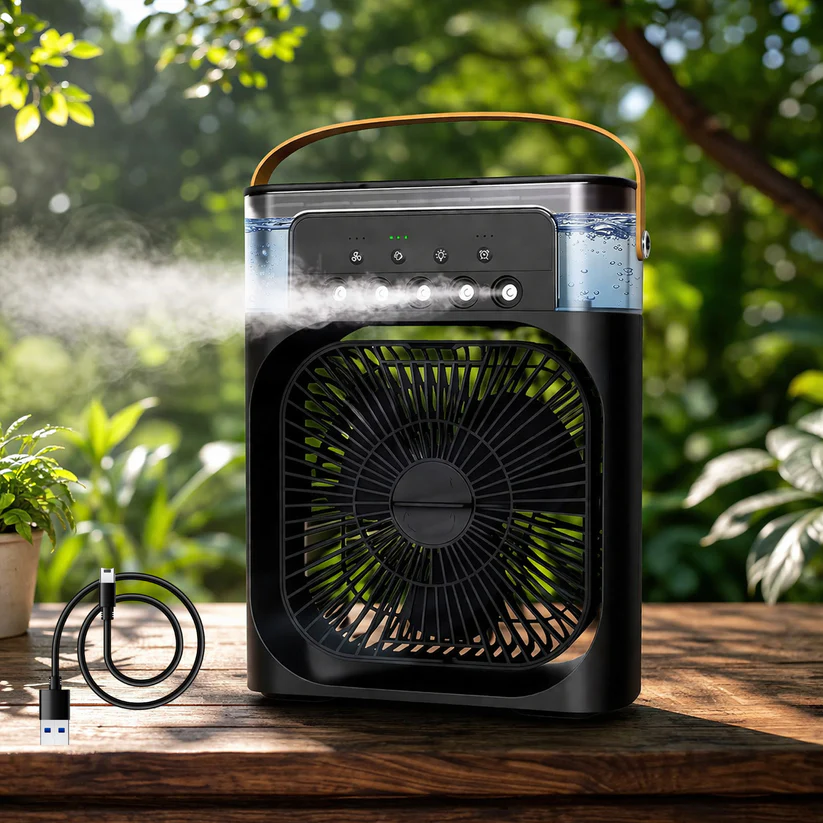 Portable Air Cooler Fan with 7-Color LED Light | USB Rechargeable Mini AC for Home & Office