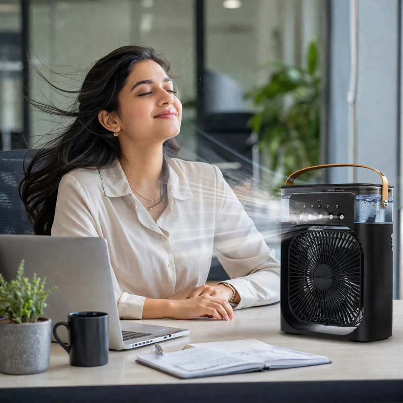 Portable Air Cooler Fan with 7-Color LED Light | USB Rechargeable Mini AC for Home & Office
